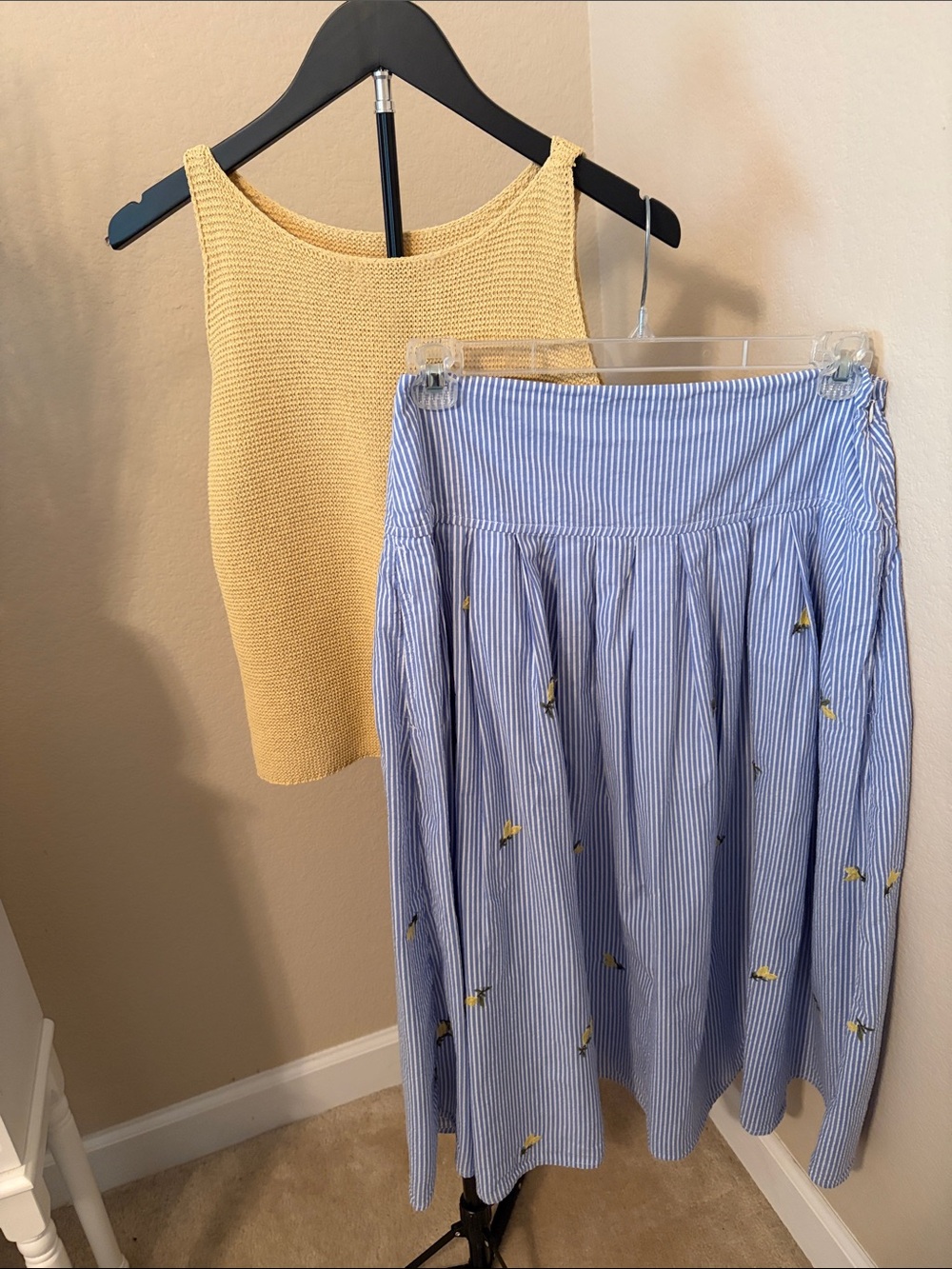 Striped Blue Midi Skirt with Yellow Embroidered Detail